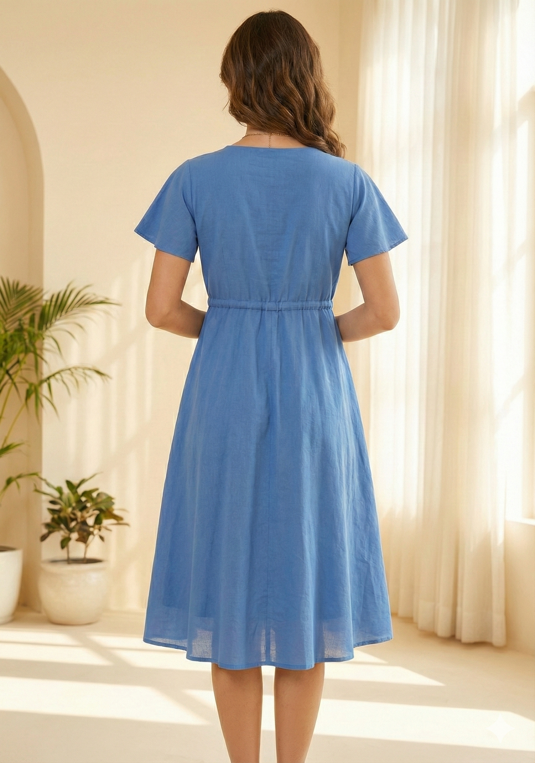 Women’s Blue Chanderi Umbrella Style A-Line Dress with Drawstring Waist
