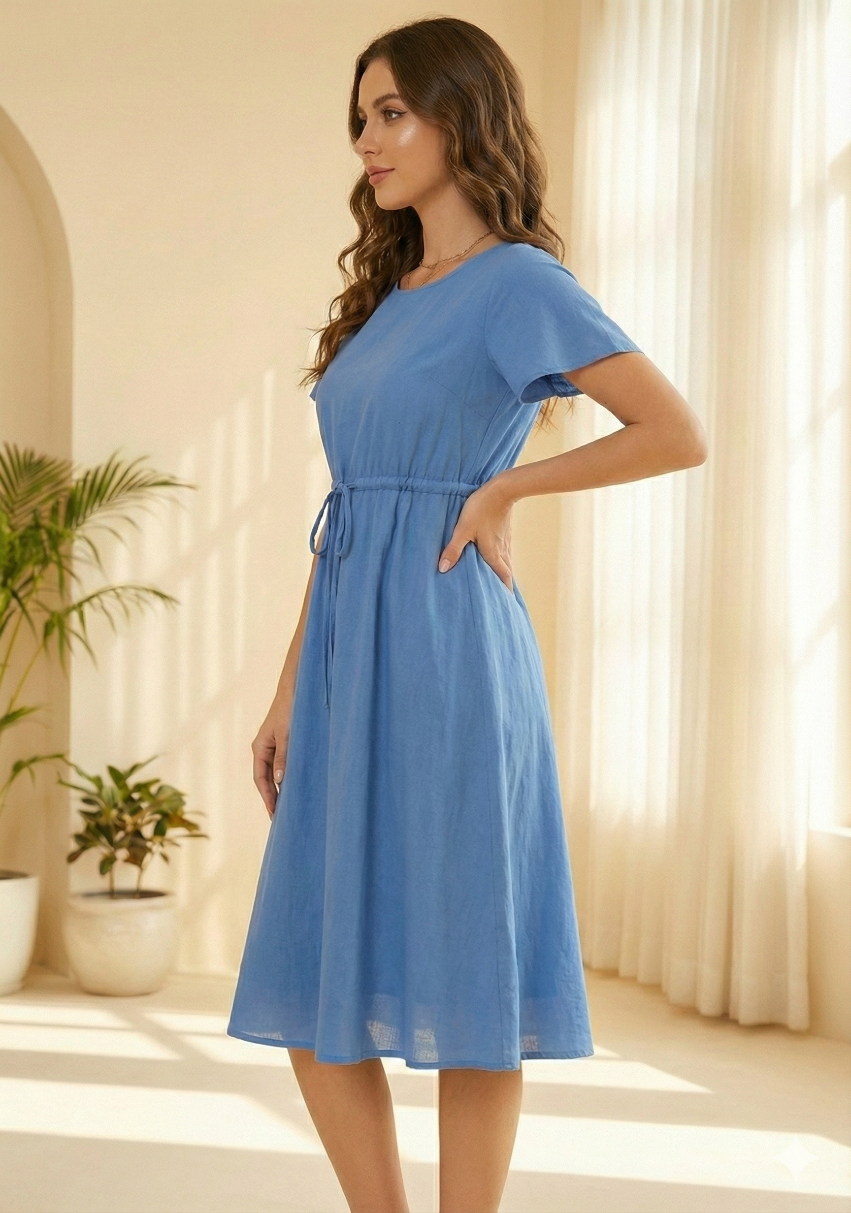 Women’s Blue Chanderi Umbrella Style A-Line Dress with Drawstring Waist