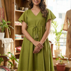Women’s Green Chanderi Umbrella Style A-Line Dress with Drawstring Waist
