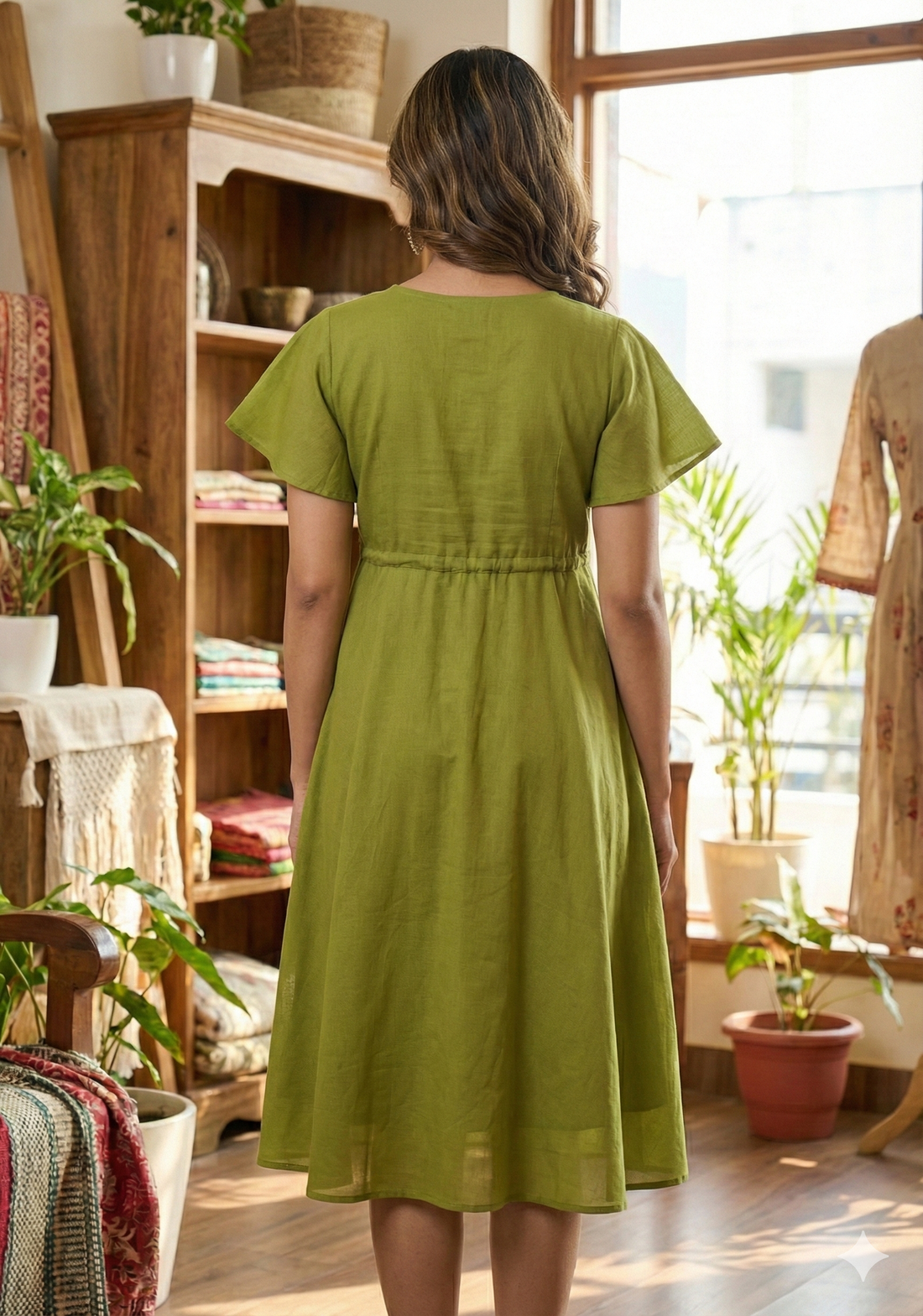 Women’s Green Chanderi Umbrella Style A-Line Dress with Drawstring Waist