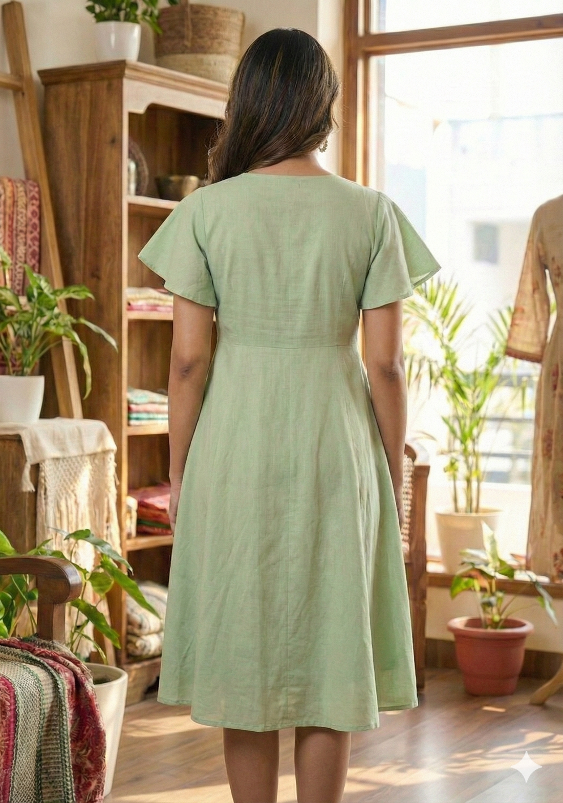 Women’s Saga Green Chanderi Umbrella Style A-Line Dress with Drawstring Waist
