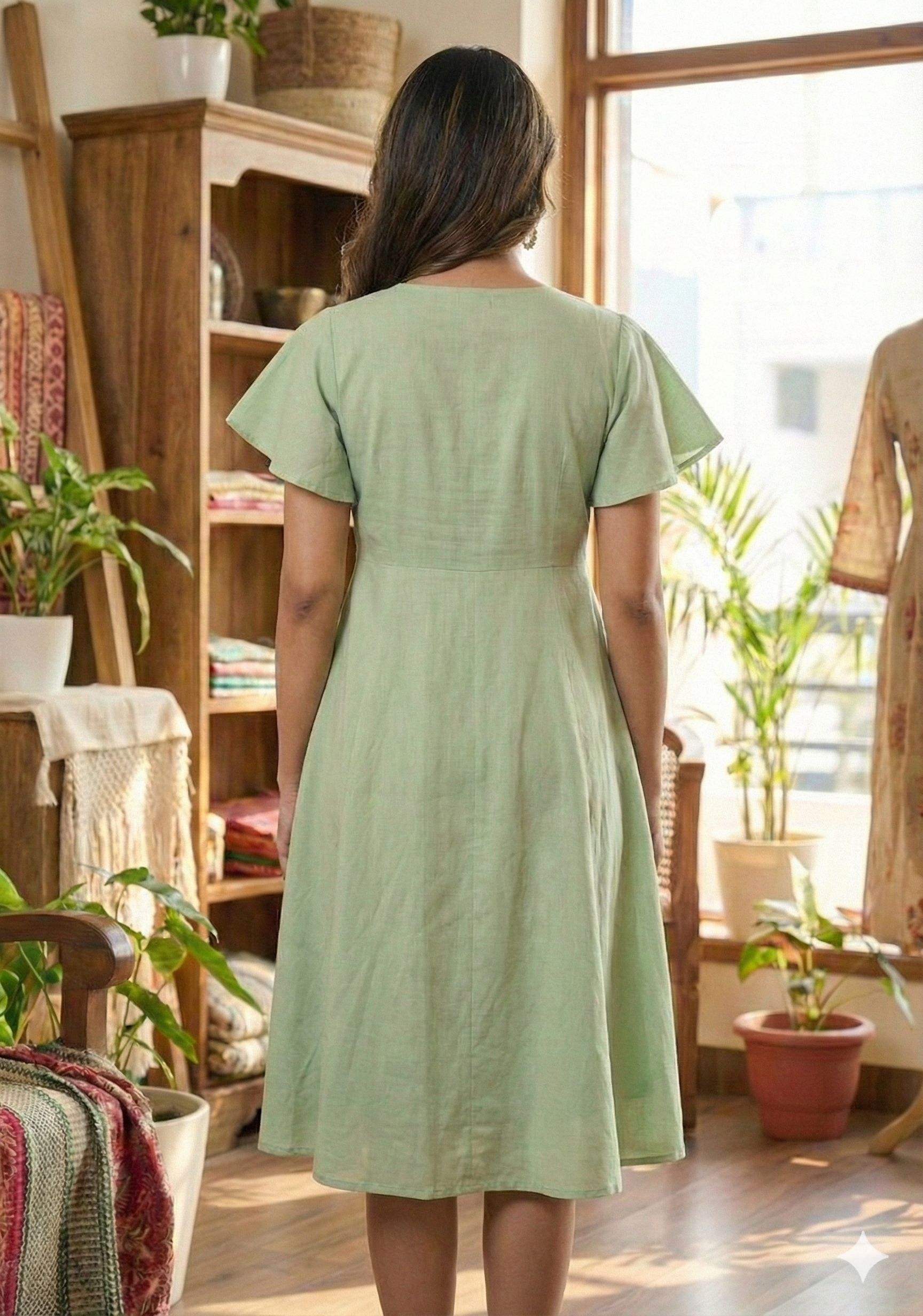 Women’s Saga Green Chanderi Umbrella Style A-Line Dress with Drawstring Waist