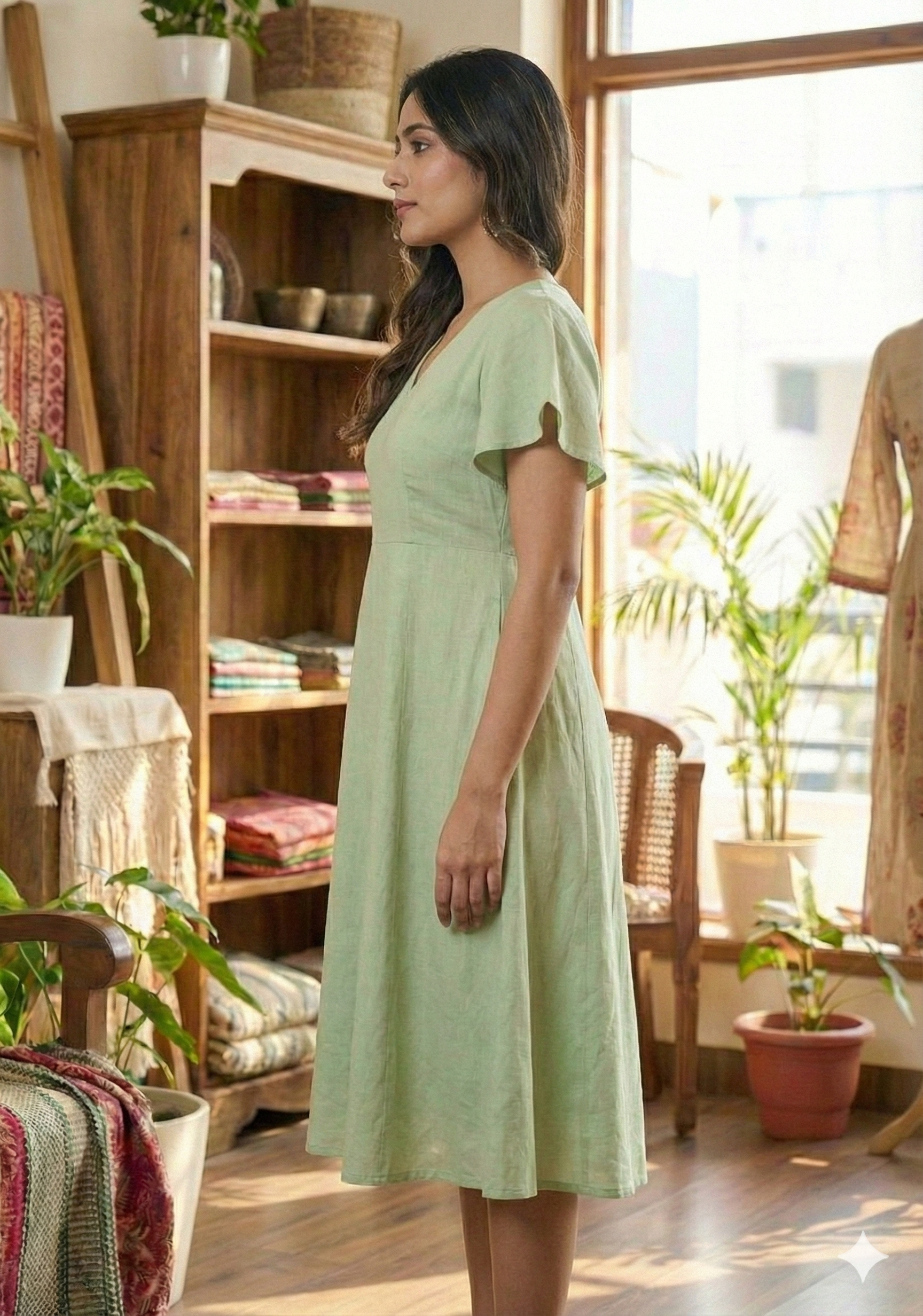 Women’s Saga Green Chanderi Umbrella Style A-Line Dress with Drawstring Waist