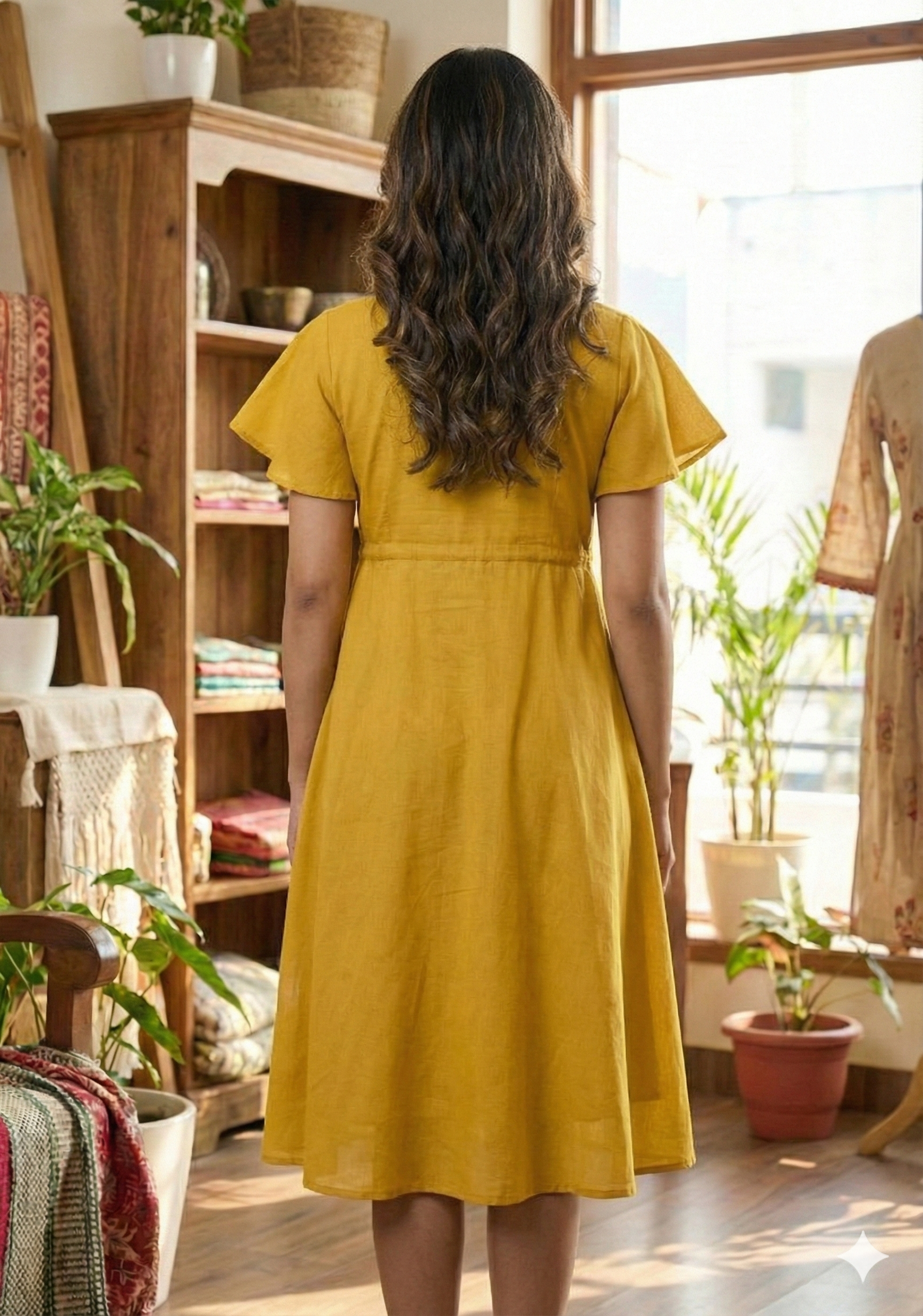 Women’s Mustard Chanderi Umbrella Style A-Line Dress with Drawstring Waist