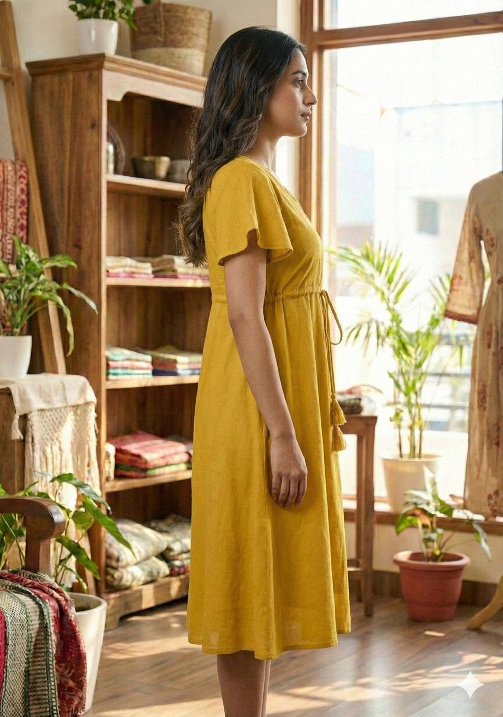 Women’s Mustard Chanderi Umbrella Style A-Line Dress with Drawstring Waist