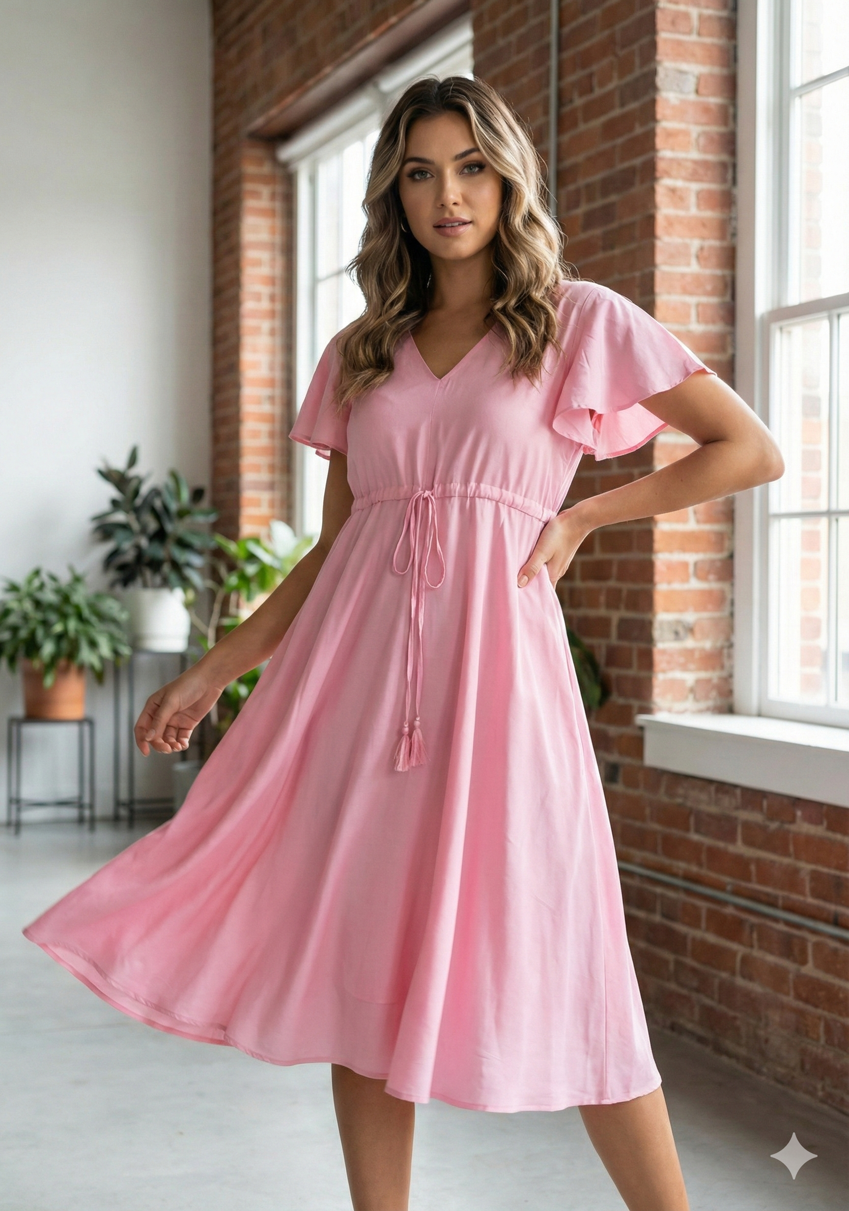 Women’s Baby Pink Chanderi Umbrella Style A-Line Dress with Drawstring Waist