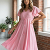 Women’s Baby Pink Chanderi Umbrella Style A-Line Dress with Drawstring Waist