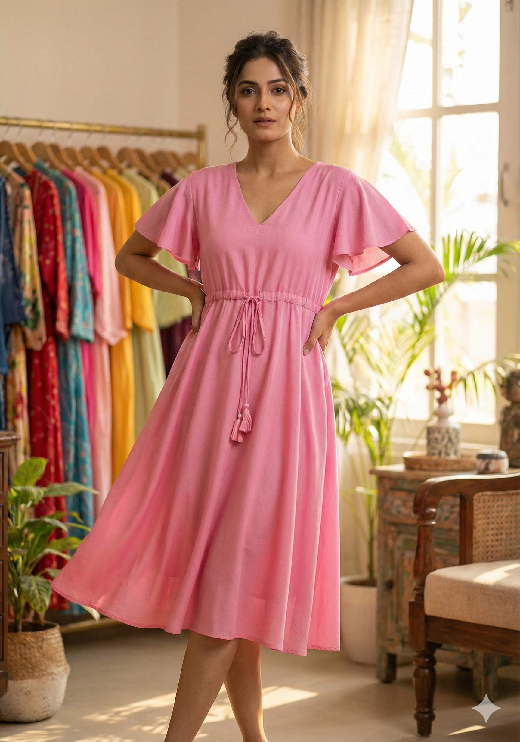 Women’s Pink Chanderi Umbrella Style A-Line Dress with Drawstring Waist