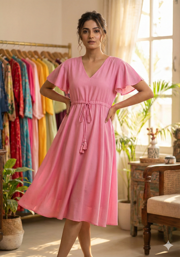 Women’s Pink Chanderi Umbrella Style A-Line Dress with Drawstring Waist