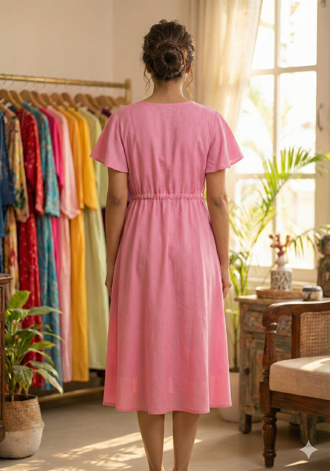 Women’s Pink Chanderi Umbrella Style A-Line Dress with Drawstring Waist