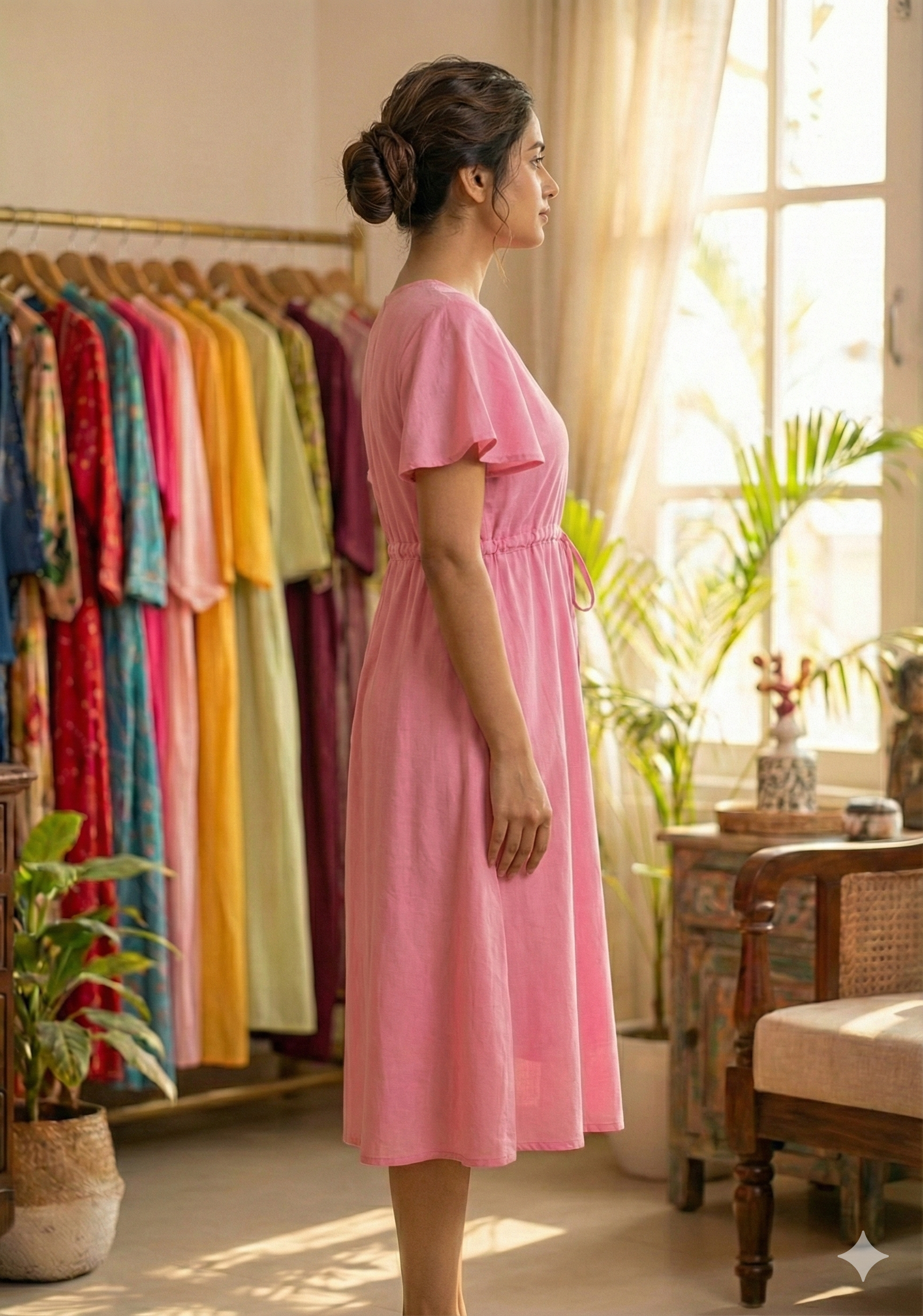 Women’s Pink Chanderi Umbrella Style A-Line Dress with Drawstring Waist
