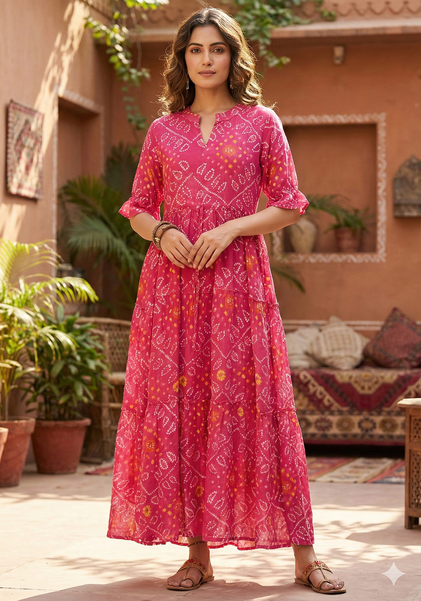 Women's Pink Bandhani Printed Georgette Maxi Dress