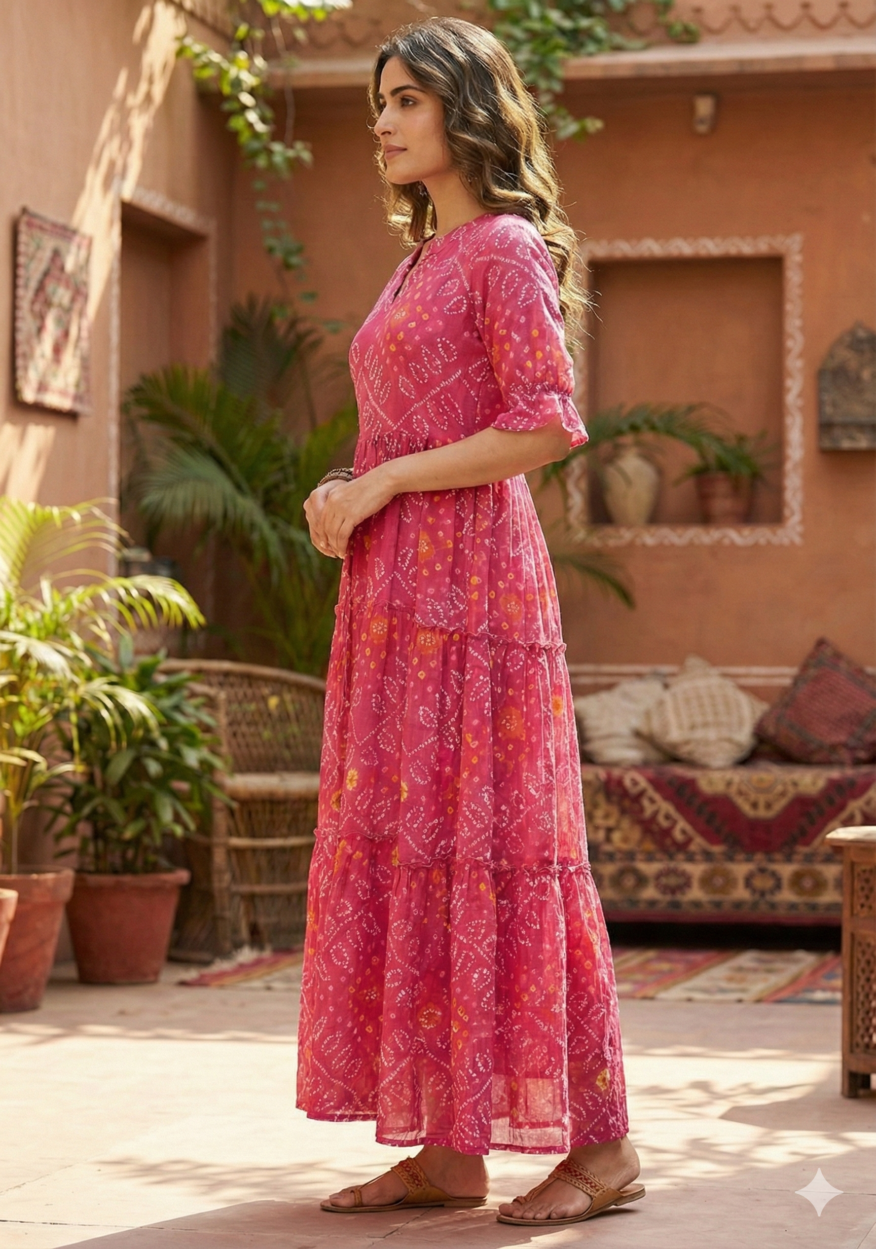 Women's Pink Bandhani Printed Georgette Maxi Dress