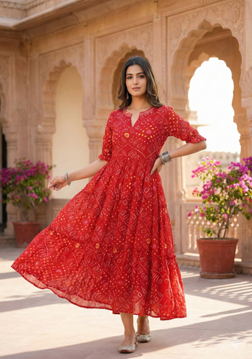 Women's Red Bandhani Printed Georgette Maxi Dress Aawari Women's Red Bandhani Printed Georgette Maxi Dress Aawari