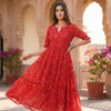 Women's Red Bandhani Printed Georgette Maxi Dress