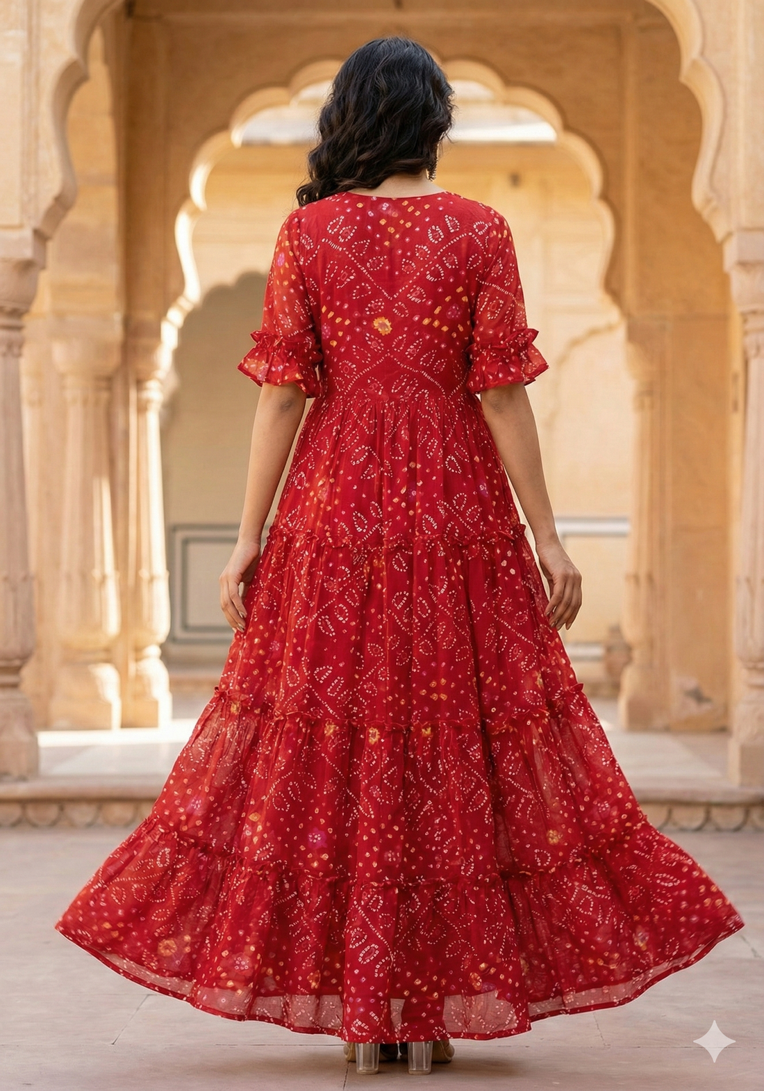 Women's Red Bandhani Printed Georgette Maxi Dress