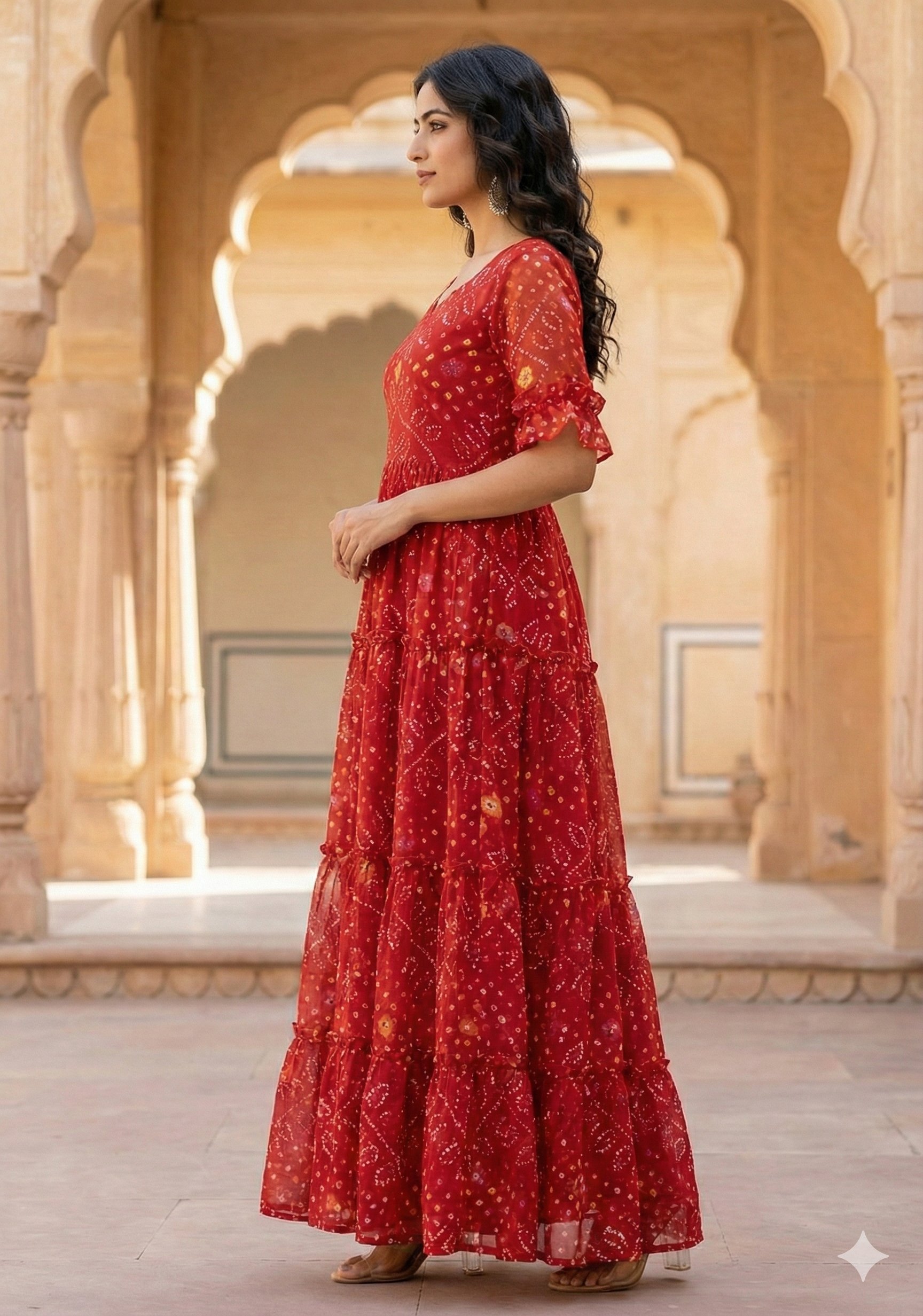 Women's Red Bandhani Printed Georgette Maxi Dress Aawari Women's Red Bandhani Printed Georgette Maxi Dress Aawari