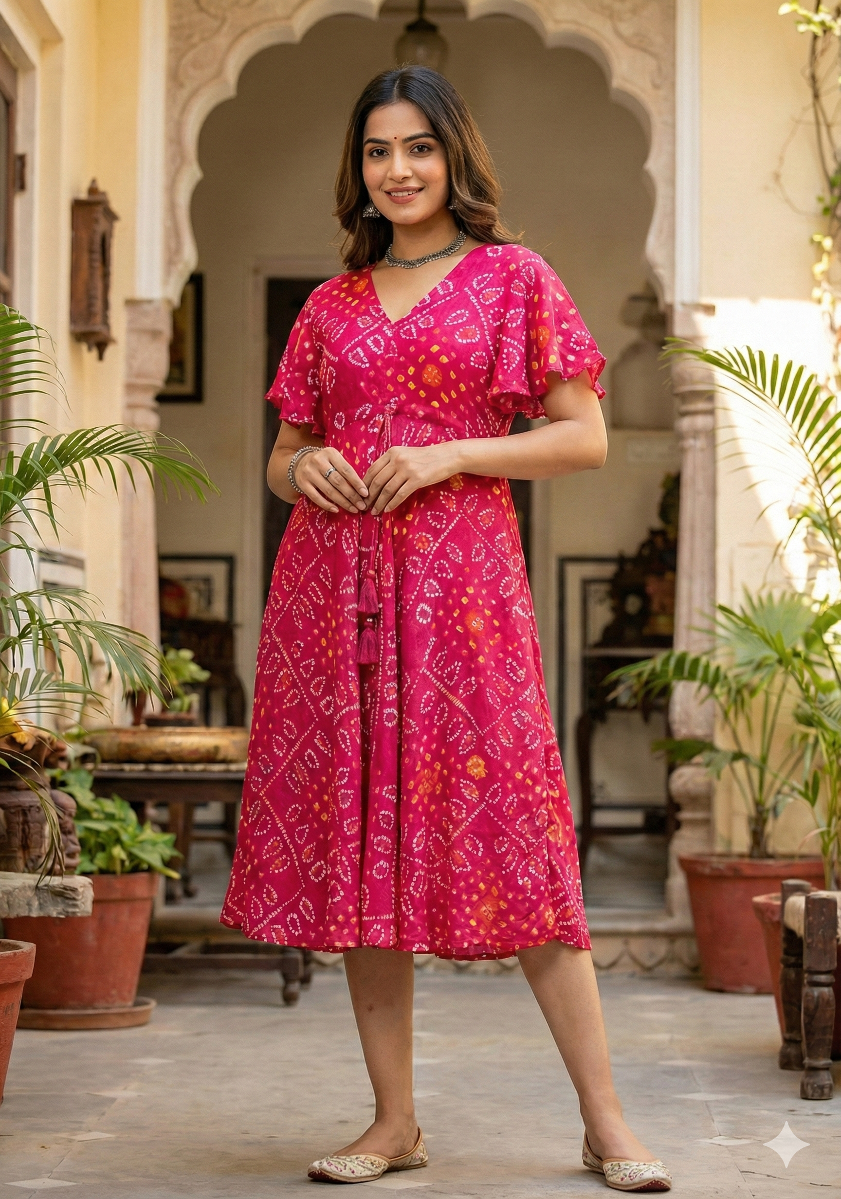 Women's Pink Bandhani Printed Georgette Umbrella Style Midi Dress