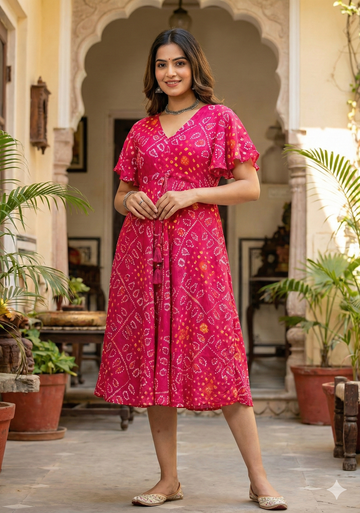Women's Pink Bandhani Printed Georgette Umbrella Style Midi Dress