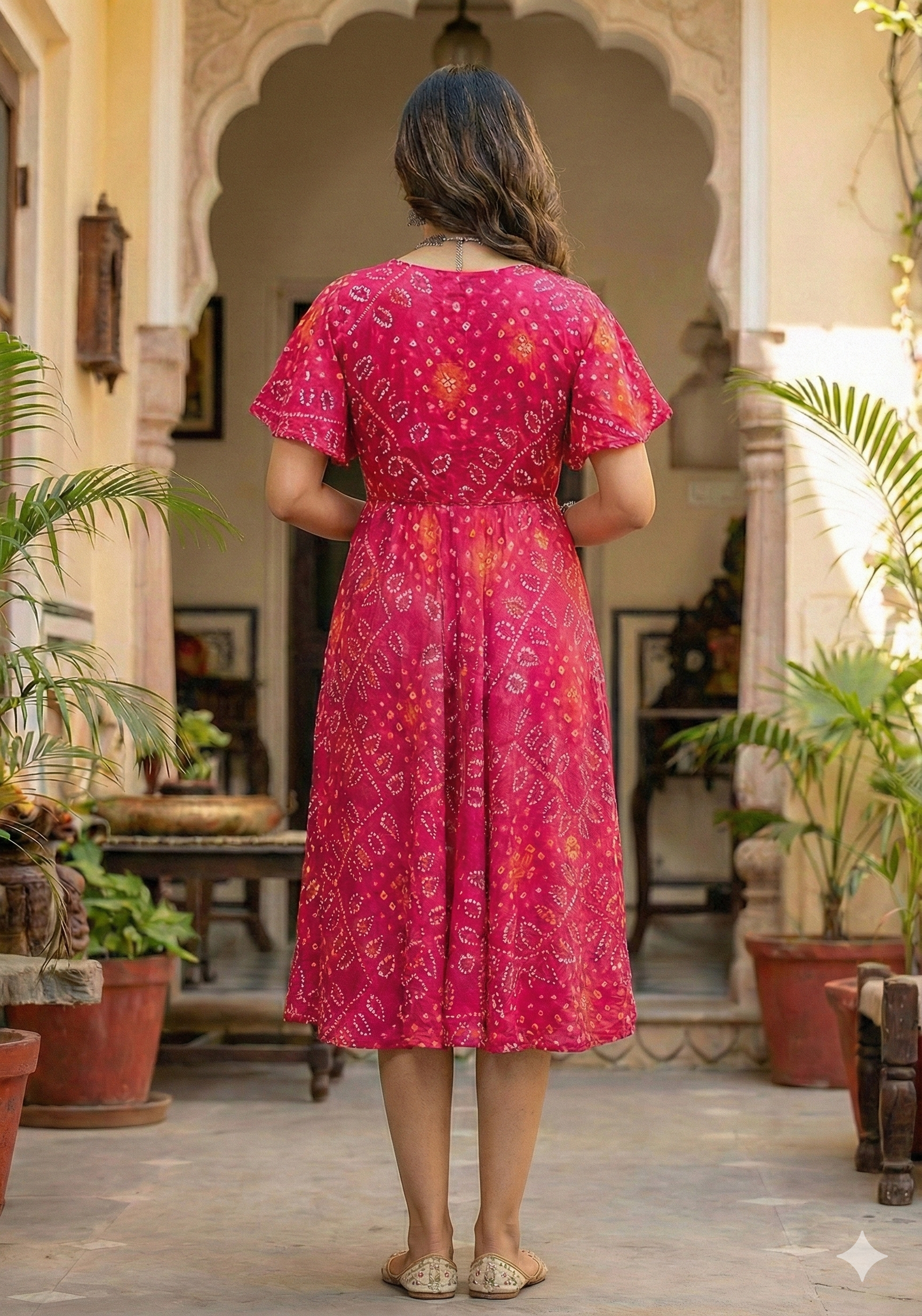 Women's Pink Bandhani Printed Georgette Umbrella Style Midi Dress