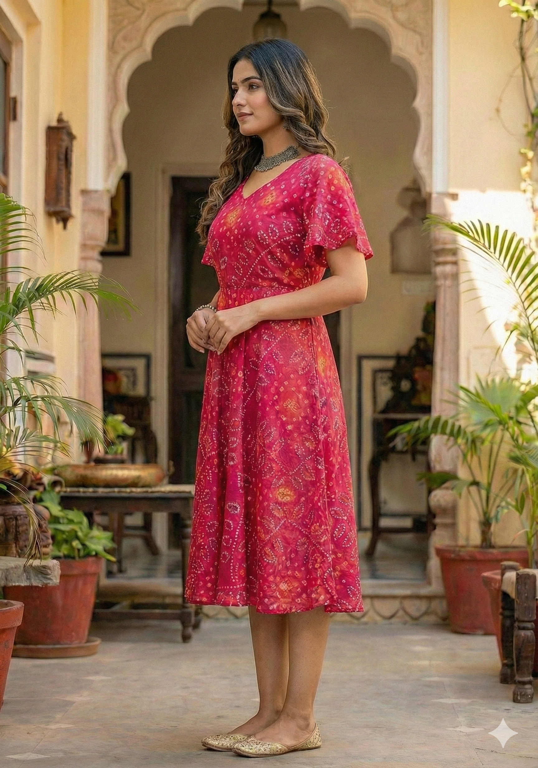 Women's Pink Bandhani Printed Georgette Umbrella Style Midi Dress