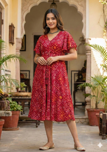 Women's Red Bandhani Printed Georgette Umbrella Style Midi Dress