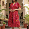 Women's Red Bandhani Printed Georgette Umbrella Style Midi Dress