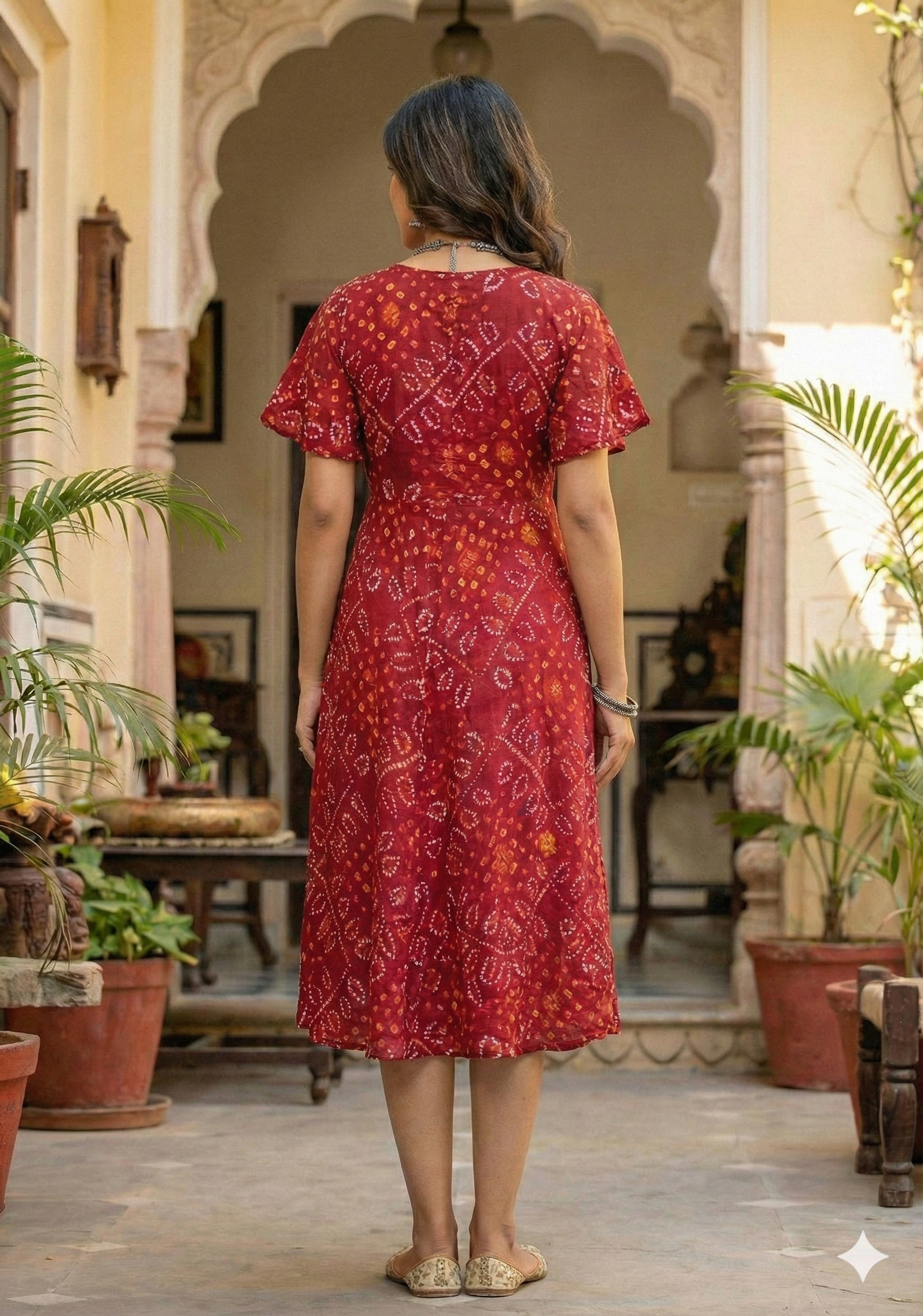 Women's Red Bandhani Printed Georgette Umbrella Style Midi Dress