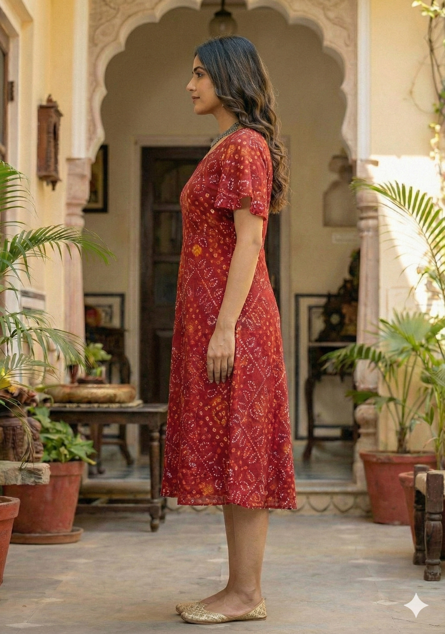 Women's Red Bandhani Printed Georgette Umbrella Style Midi Dress