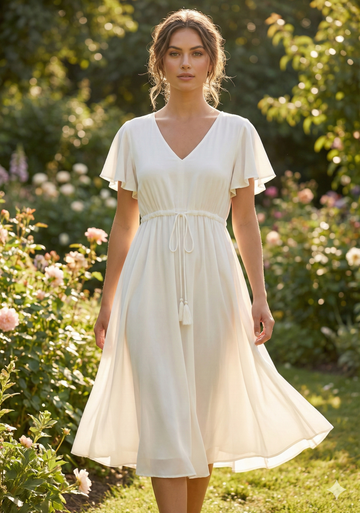 Women’s White Rayon Umbrella Style A-Line Dress with Drawstring Waist