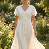 Women’s White Rayon Umbrella Style A-Line Dress with Drawstring Waist