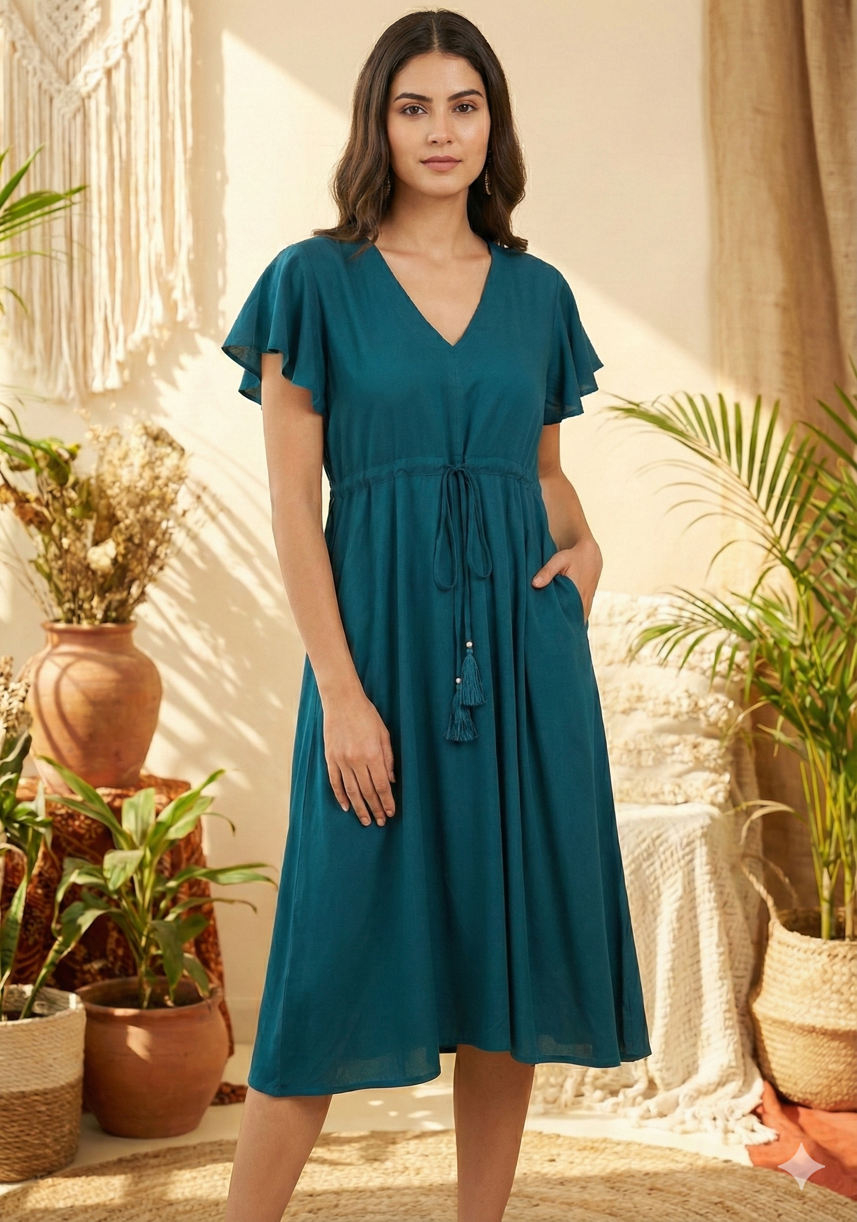 Women’s Teal Blue Rayon Umbrella Style A-Line Dress with Drawstring Waist