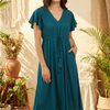 Women’s Teal Blue Rayon Umbrella Style A-Line Dress with Drawstring Waist