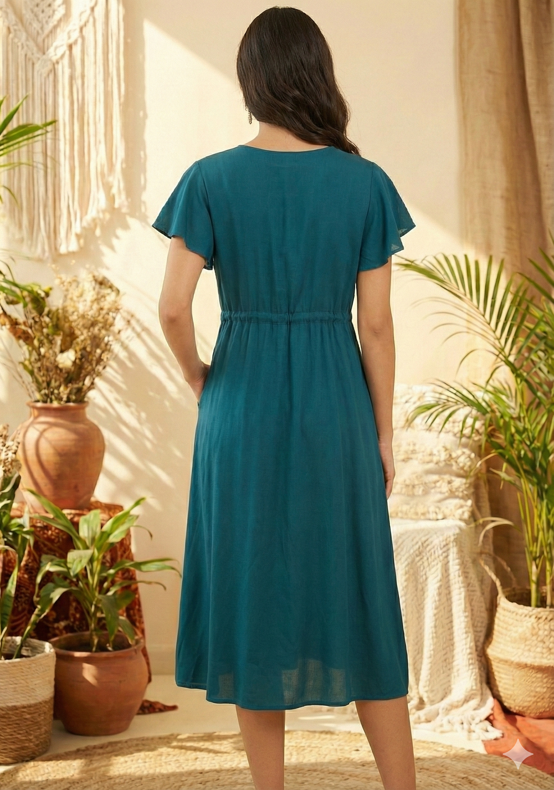 Women’s Teal Blue Rayon Umbrella Style A-Line Dress with Drawstring Waist