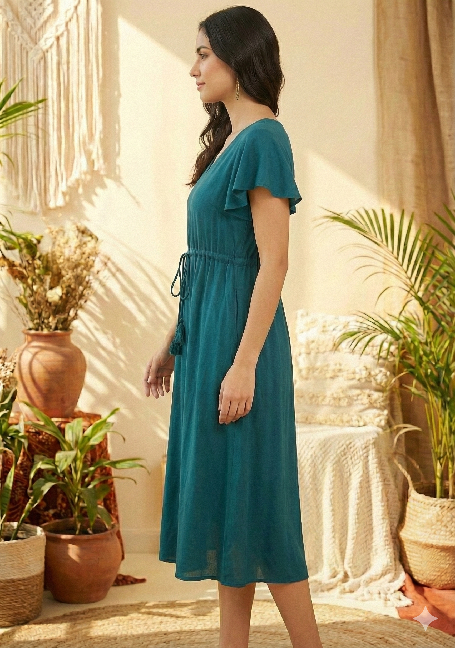 Women’s Teal Blue Rayon Umbrella Style A-Line Dress with Drawstring Waist