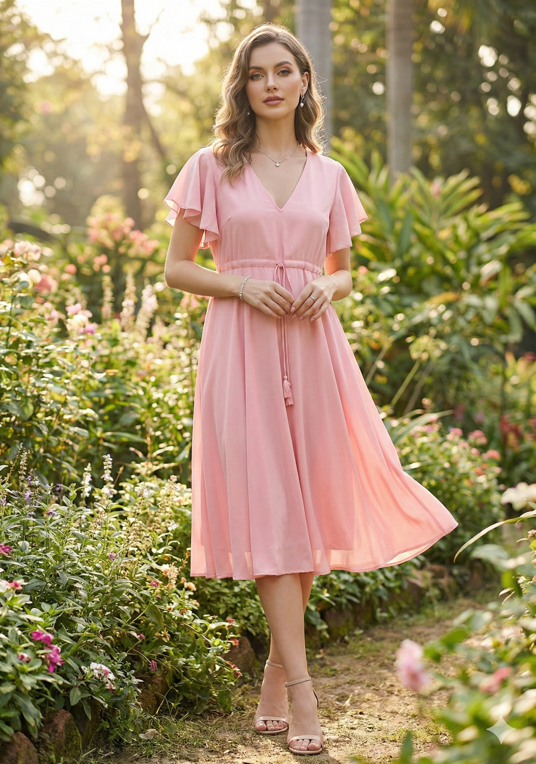 Women’s Baby Pink Rayon Umbrella Style A-Line Dress with Drawstring Waist