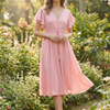Women’s Baby Pink Rayon Umbrella Style A-Line Dress with Drawstring Waist