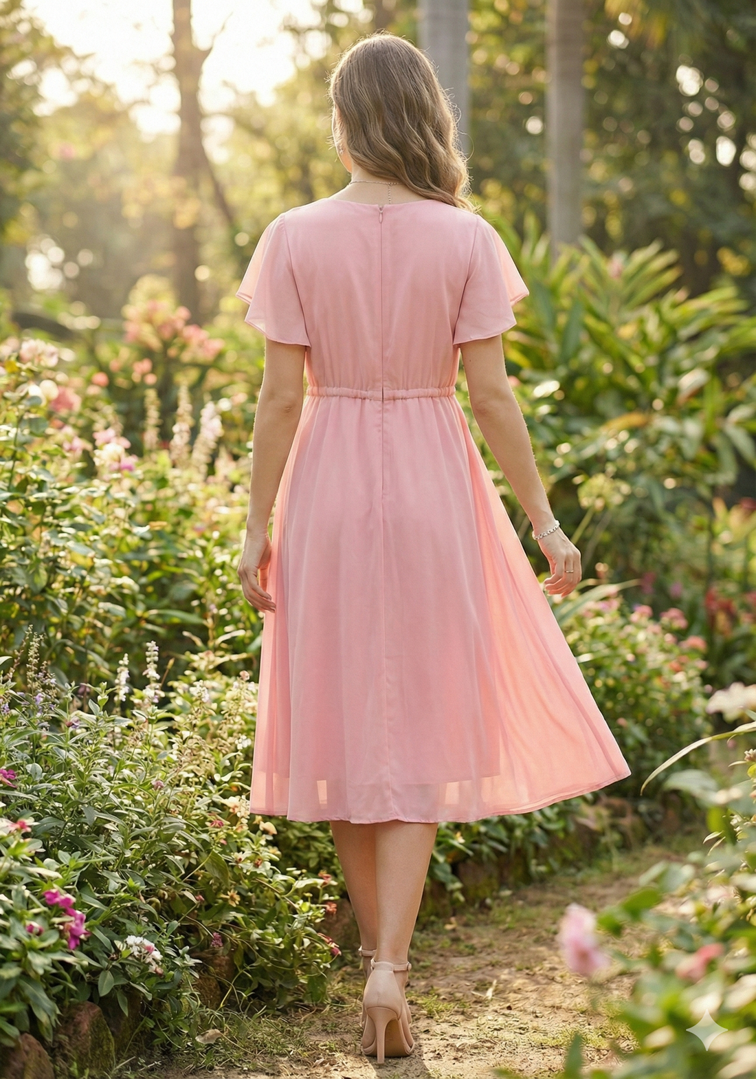 Women’s Baby Pink Rayon Umbrella Style A-Line Dress with Drawstring Waist