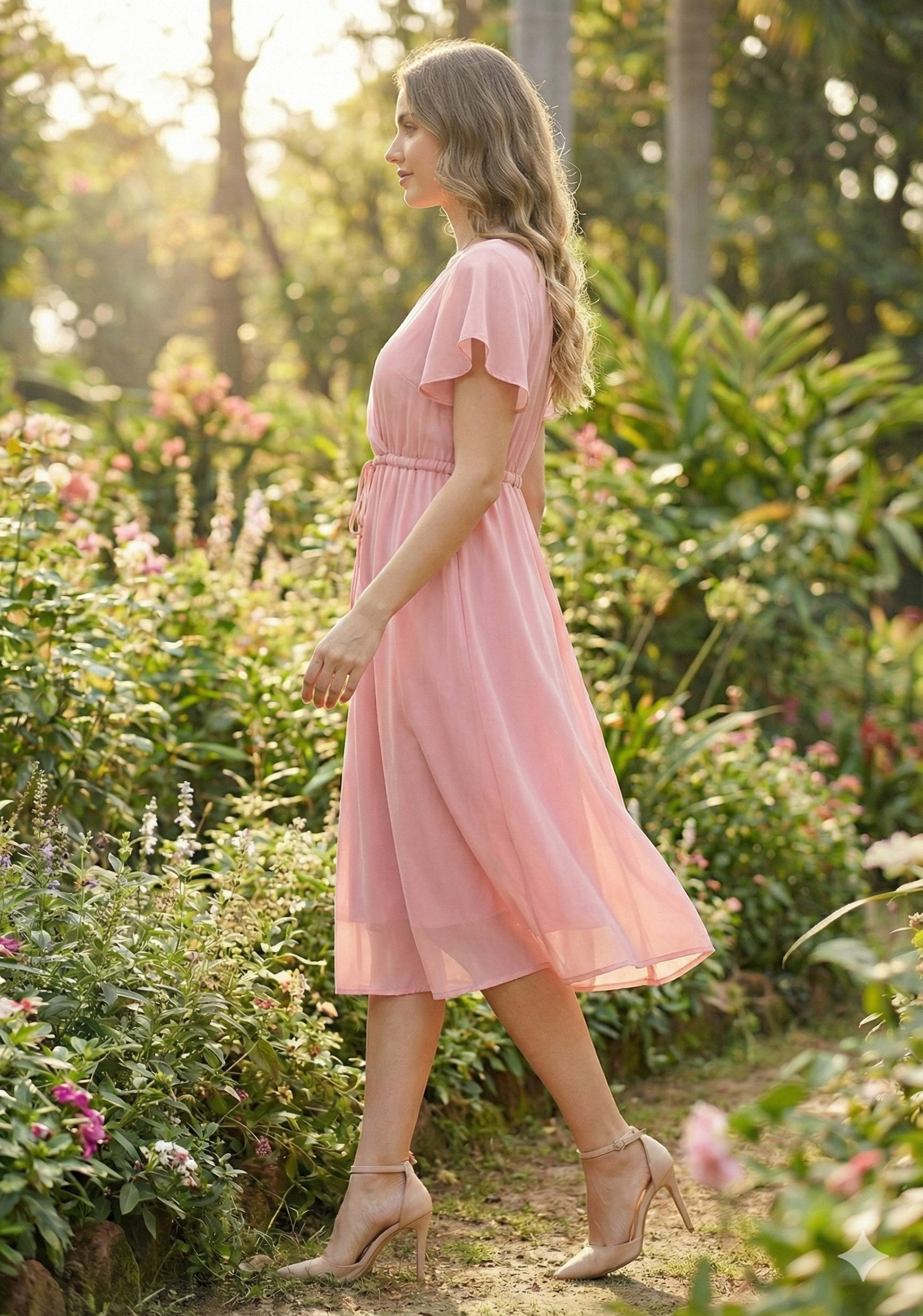 Women’s Baby Pink Rayon Umbrella Style A-Line Dress with Drawstring Waist