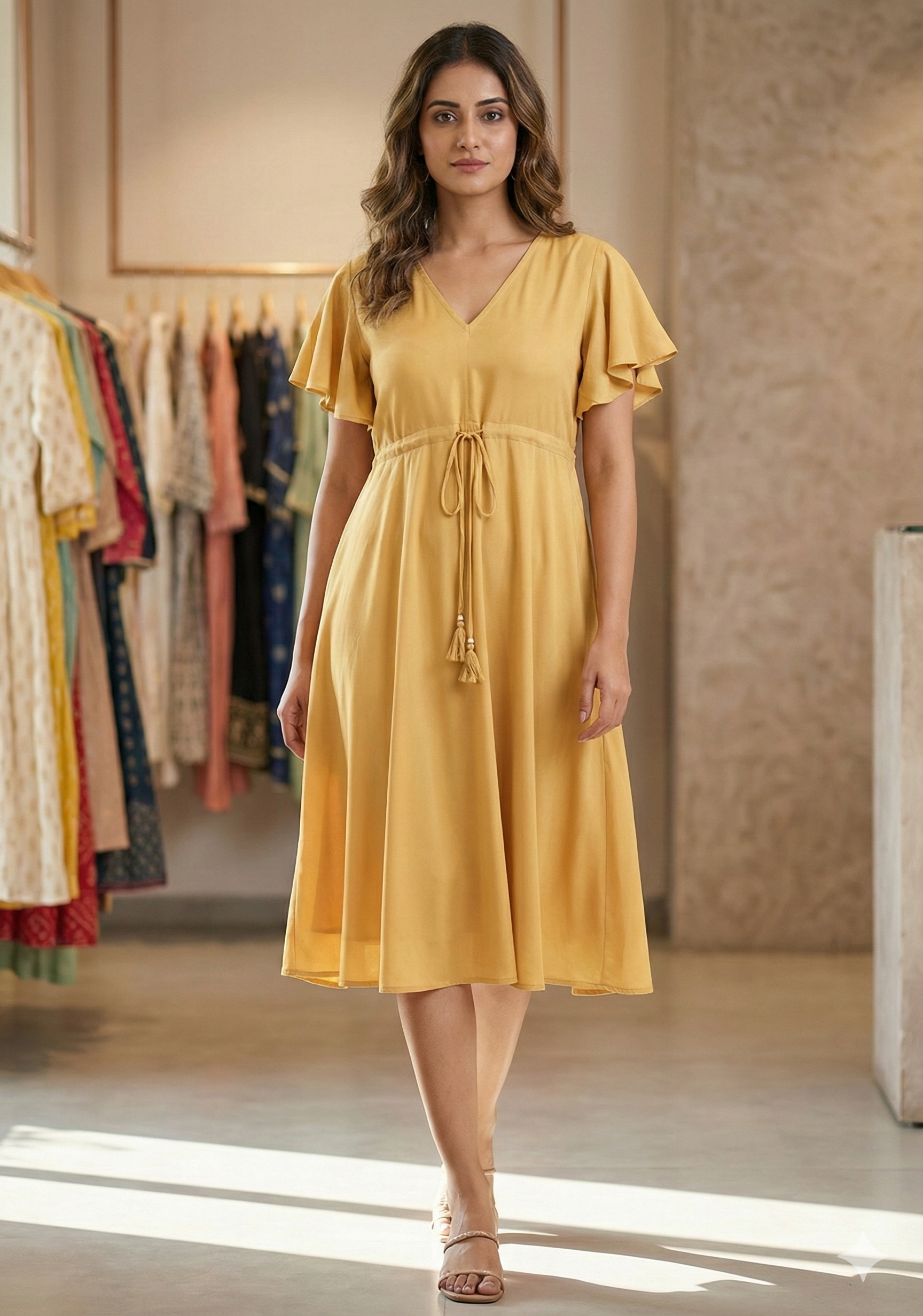 Women’s Mustard Rayon Umbrella Style A-Line Dress with Drawstring Waist