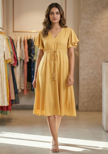 Women’s Mustard Rayon Umbrella Style A-Line Dress with Drawstring Waist