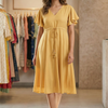 Women’s Mustard Rayon Umbrella Style A-Line Dress with Drawstring Waist