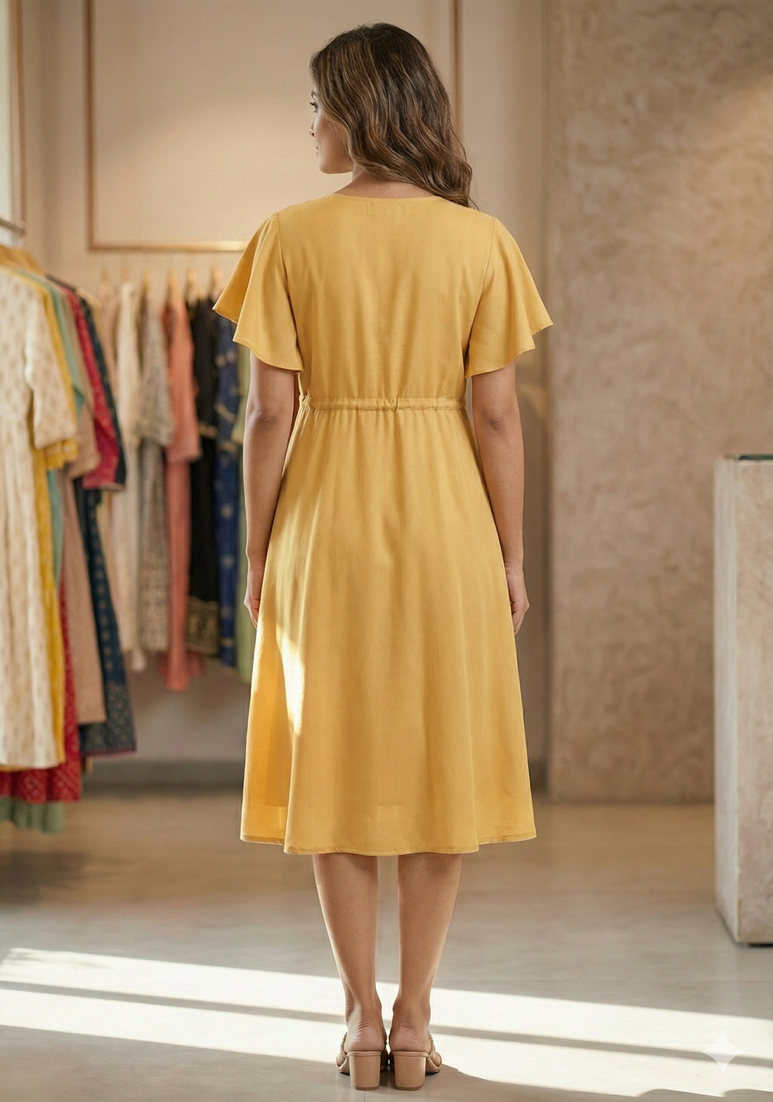 Women’s Mustard Rayon Umbrella Style A-Line Dress with Drawstring Waist