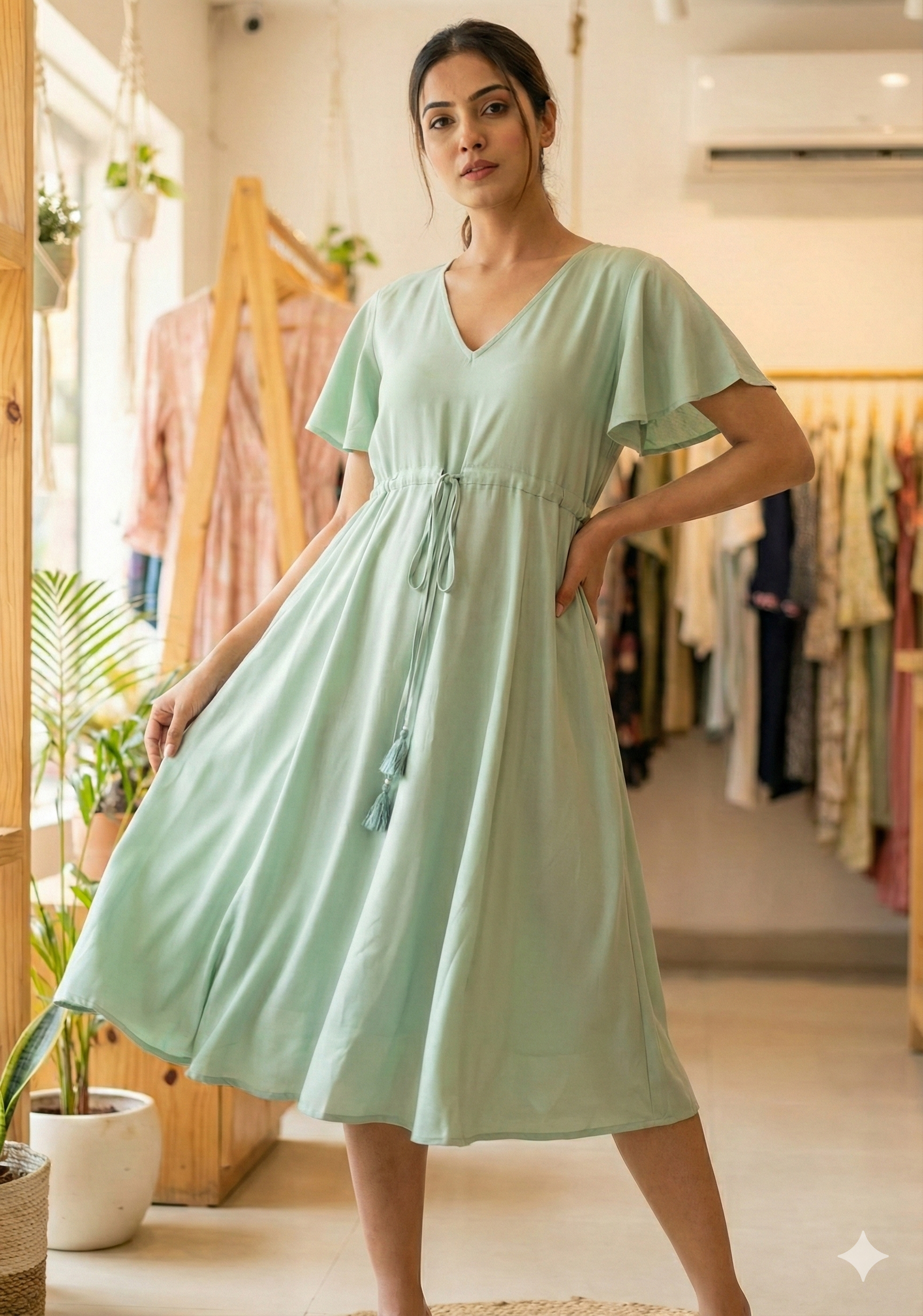 Women’s Saga Green Rayon Umbrella Style A-Line Dress with Drawstring Waist