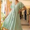 Women’s Saga Green Rayon Umbrella Style A-Line Dress with Drawstring Waist
