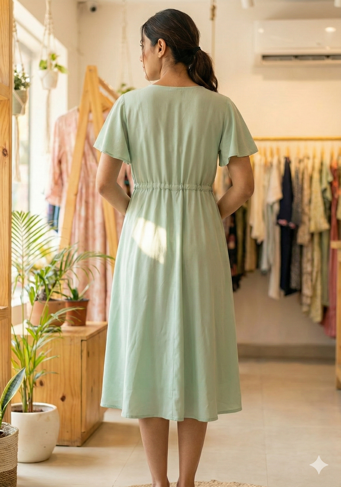 Women’s Saga Green Rayon Umbrella Style A-Line Dress with Drawstring Waist