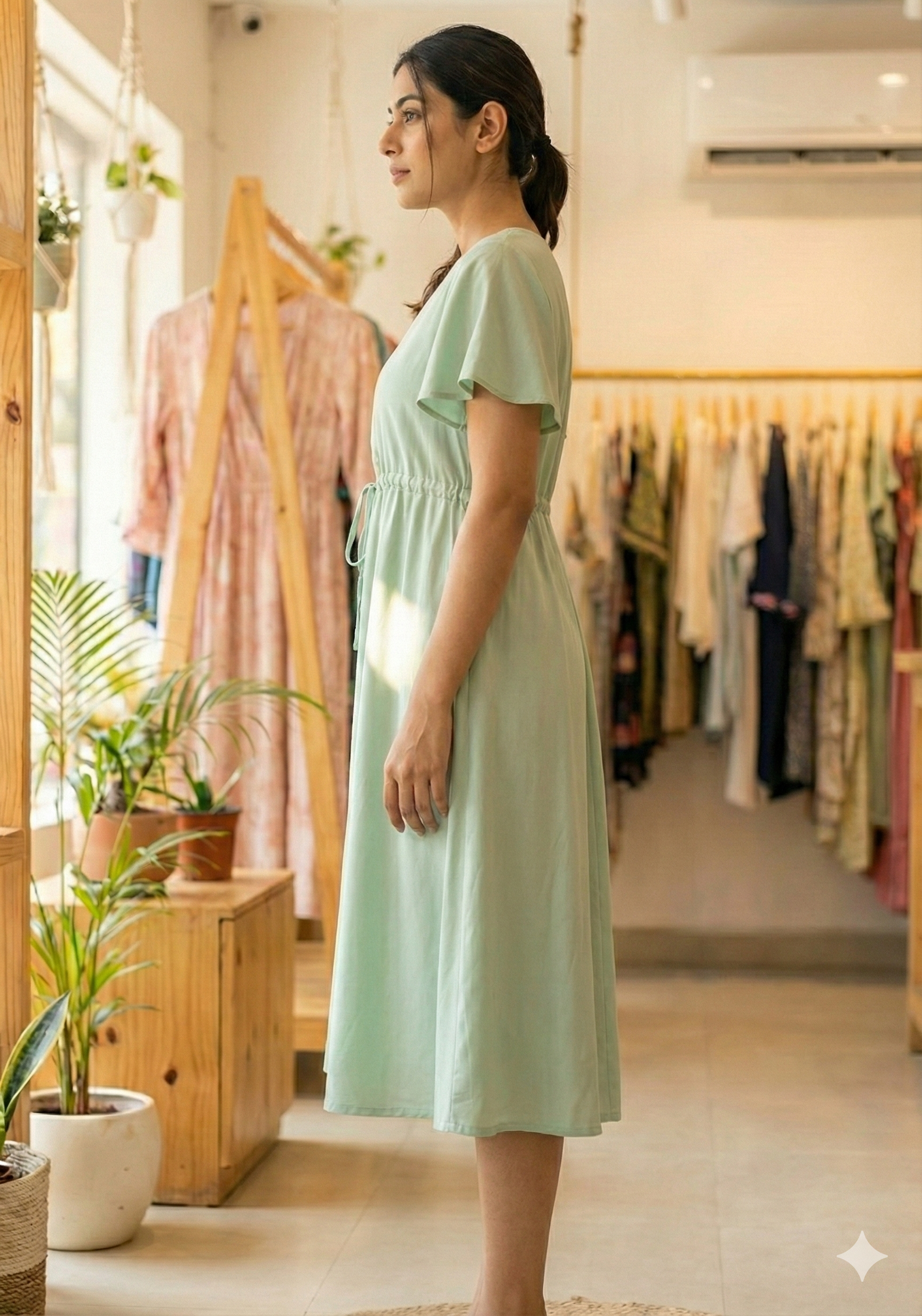 Women’s Saga Green Rayon Umbrella Style A-Line Dress with Drawstring Waist