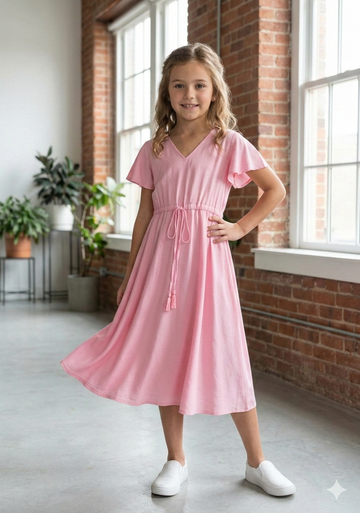 Girls’ Pink Solid Midi Dress with Waist Tie-Up & Flutter Sleeves