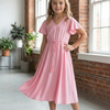 Girls’ Pink Solid Midi Dress with Waist Tie-Up & Flutter Sleeves