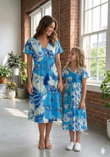 Elegant Blue Botanical Mommy & Me Dress Set